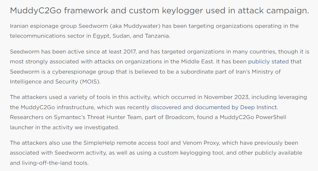 Symantec’s Threat Hunter Team present details of a recent Seedworm (Muddywater) campaign targeting organizations operating in the telecommunications sector in Egypt, Sudan & Tanzania. symantec-enterprise-blogs.security.com/blogs/threat-i…