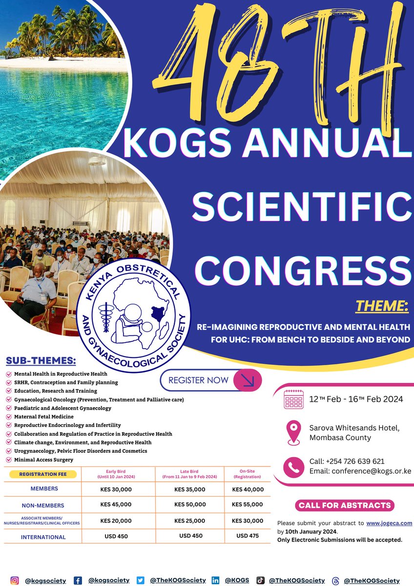 📅 Save the Date: 48th KOGS Annual Scientific Congress!  Block your dates! From February 12th to 16th, 2024, join us for an extraordinary exploration into the latest breakthroughs in Obstetrics and Gynaecology. Register Now: [ kogs.or.ke/kogs-conferenc… ] #48THKOGSASC #KOGSNawe