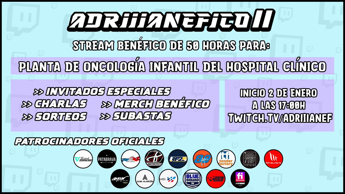 🚨 OFICIAL 🚨

Día 2 de Enero 2024 a las 17:00 hs comienza el show

Para la Planta de Oncología Infantil del Hospital Clínico

Vamos a liarla mucho, preparaos!
#Adriiianefico #SeViene

👇🏽👇🏽
Twitch.tv/Adriiianef
Twitch.tv/Adriiianef

🧵👇🏽