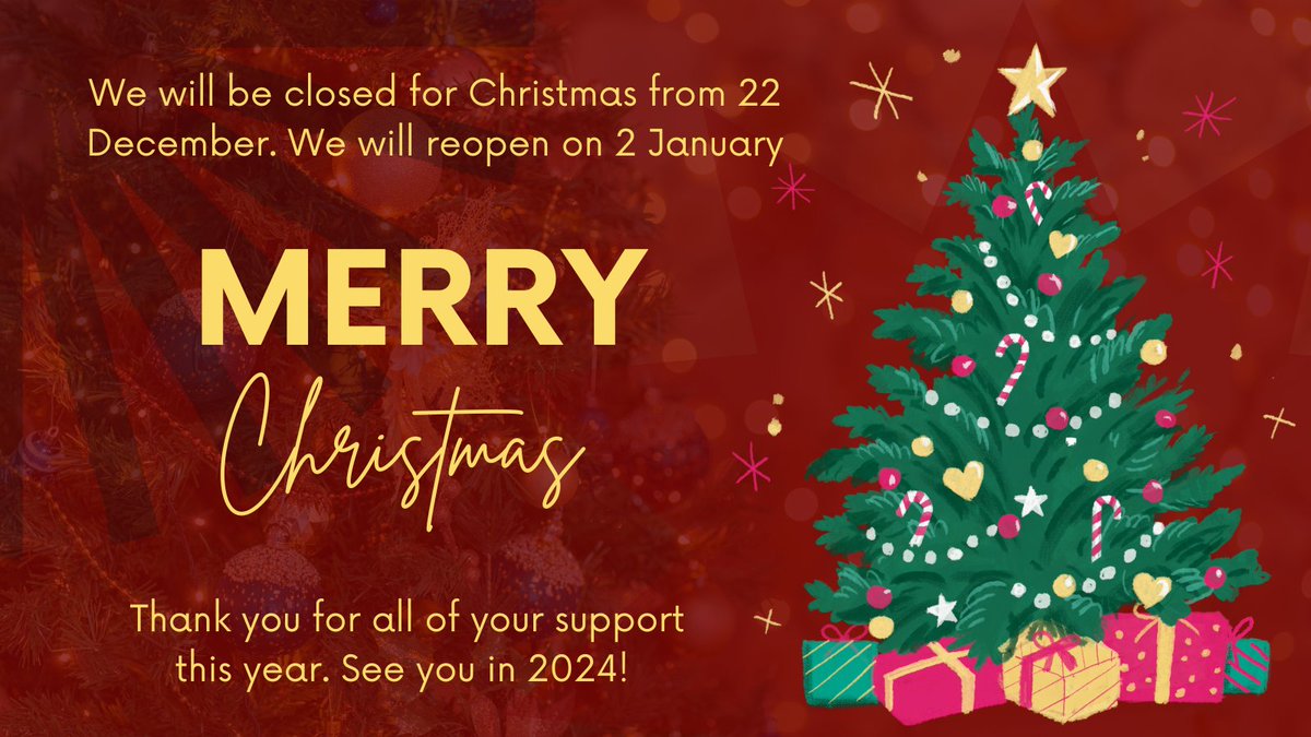 We will be closing the office from 22 December. We will re-open on 2 January 2024. Thank you for all of your support this year. Merry Christmas from us (Kate & Becki) 🎄🎅 See you in 2024!