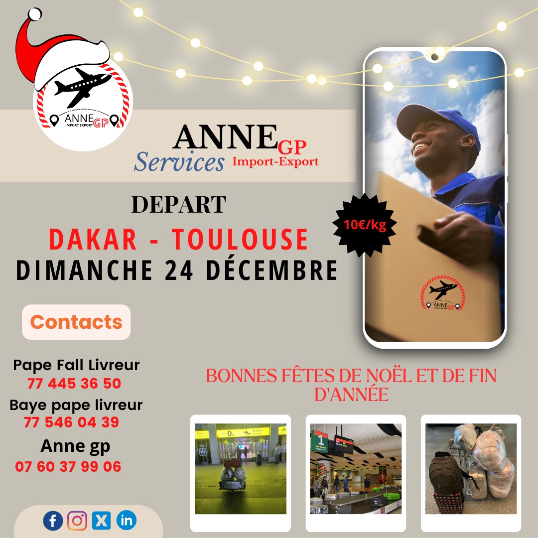 AnneGpservice's tweet photo. Départ GP 
Trajet: Dakar - Toulouse ===> Dimanche 24 Décembre
Info line: 07 60 37 99 06 / +221 77 445 36 50 / +221 77 546 04 39
Passez d'excellentes fêtes de Noël et de fin d'année
#Annegpservices #transportcolis #GP #fretaerien #Import_Export https://t.co/8cNnvmre7x
