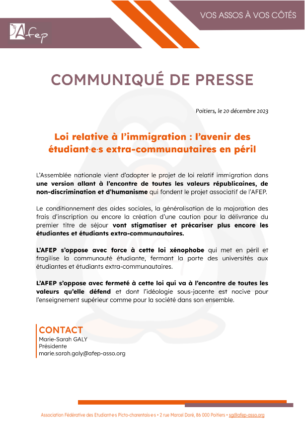 Nous nous opposons avec fermeté à la #LoiImmigration  allant contre toutes les valeurs que nous défendons. 

❌ L'AFEP s'oppose avec force à cette loi qui met en péril l'avenir des étudiantes et étudiants extra-communautaires.