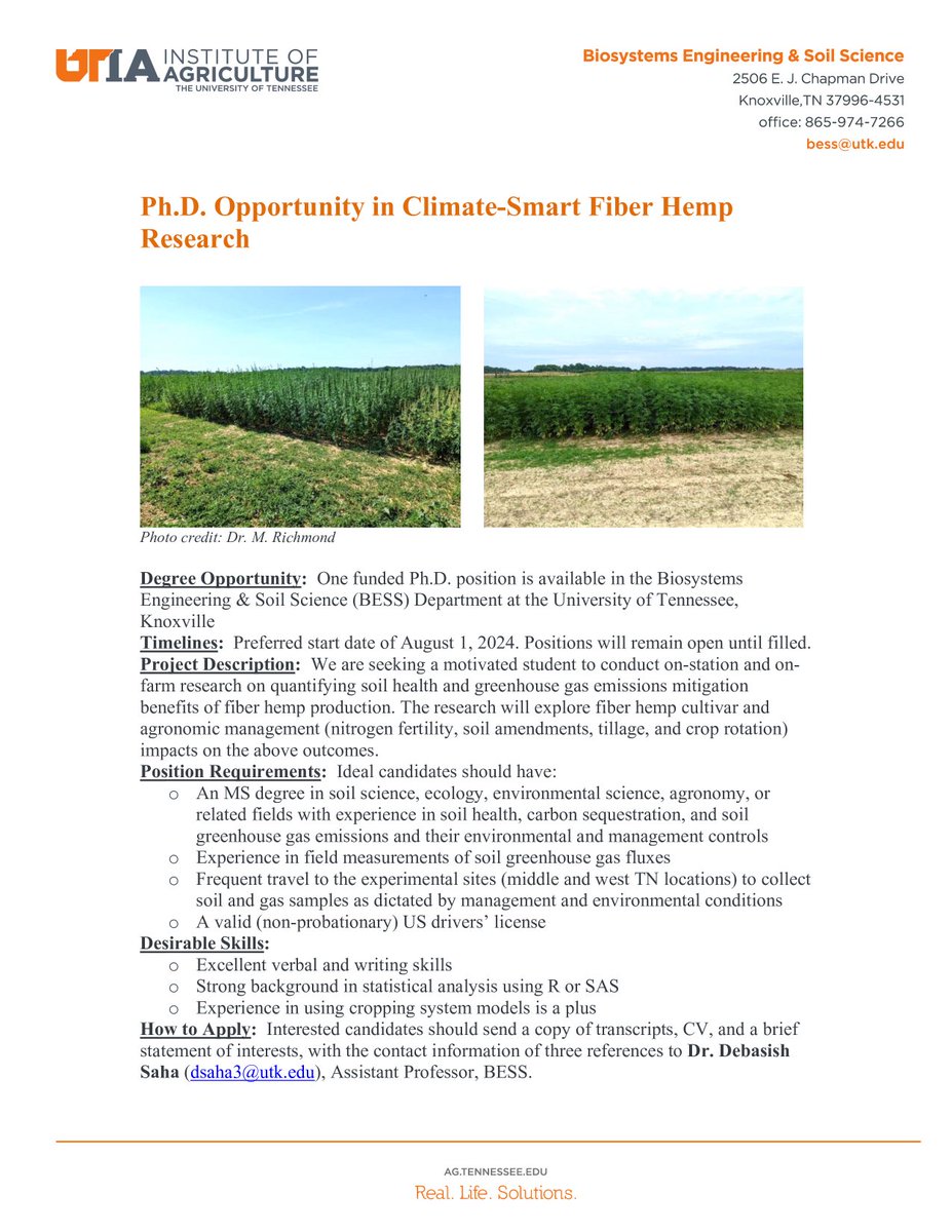 DebSahas's tweet photo. Looking for a PhD student. Please spread the word! #fiberhemp #climatesmart #soilhealth @esa @ASA_CSSA_SSSA @UTIAg https://t.co/skbijUDsng