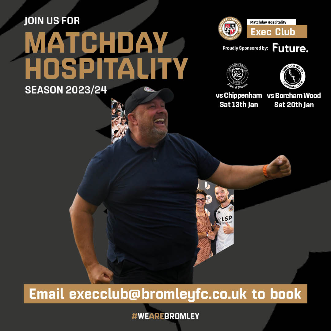 𝗘𝘅𝗲𝗰 𝗖𝗹𝘂𝗯 🍷 Our Matchday Hospitality may be sold out for Saturday's game against Ebbsfleet. However, we are taking bookings for: Sat 13th Jan: Chippenham ✅ Sat 20th Jan: Boreham Wood ✅ Email execclub@bromleyfc.co.uk to book 📧 #WeAreBromley