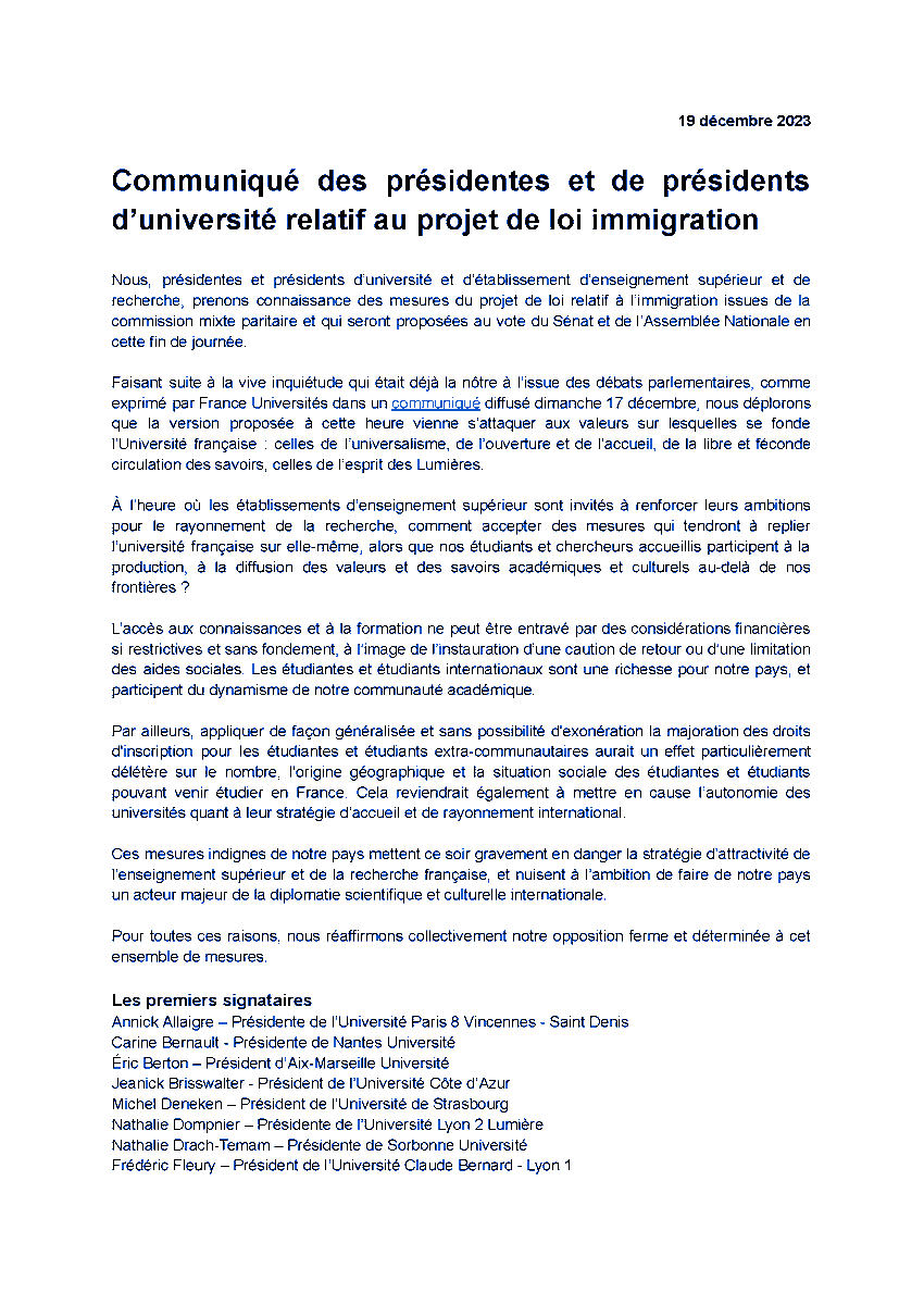 psl_univ's tweet photo. #Communiqué
18 présidentes et présidents d'université, dont Alain Fuchs, président de l'Université PSL, ont signé ensemble un communiqué contre les mesures contenus dans le projet de loi immigration. https://t.co/9sJ64h7OWQ