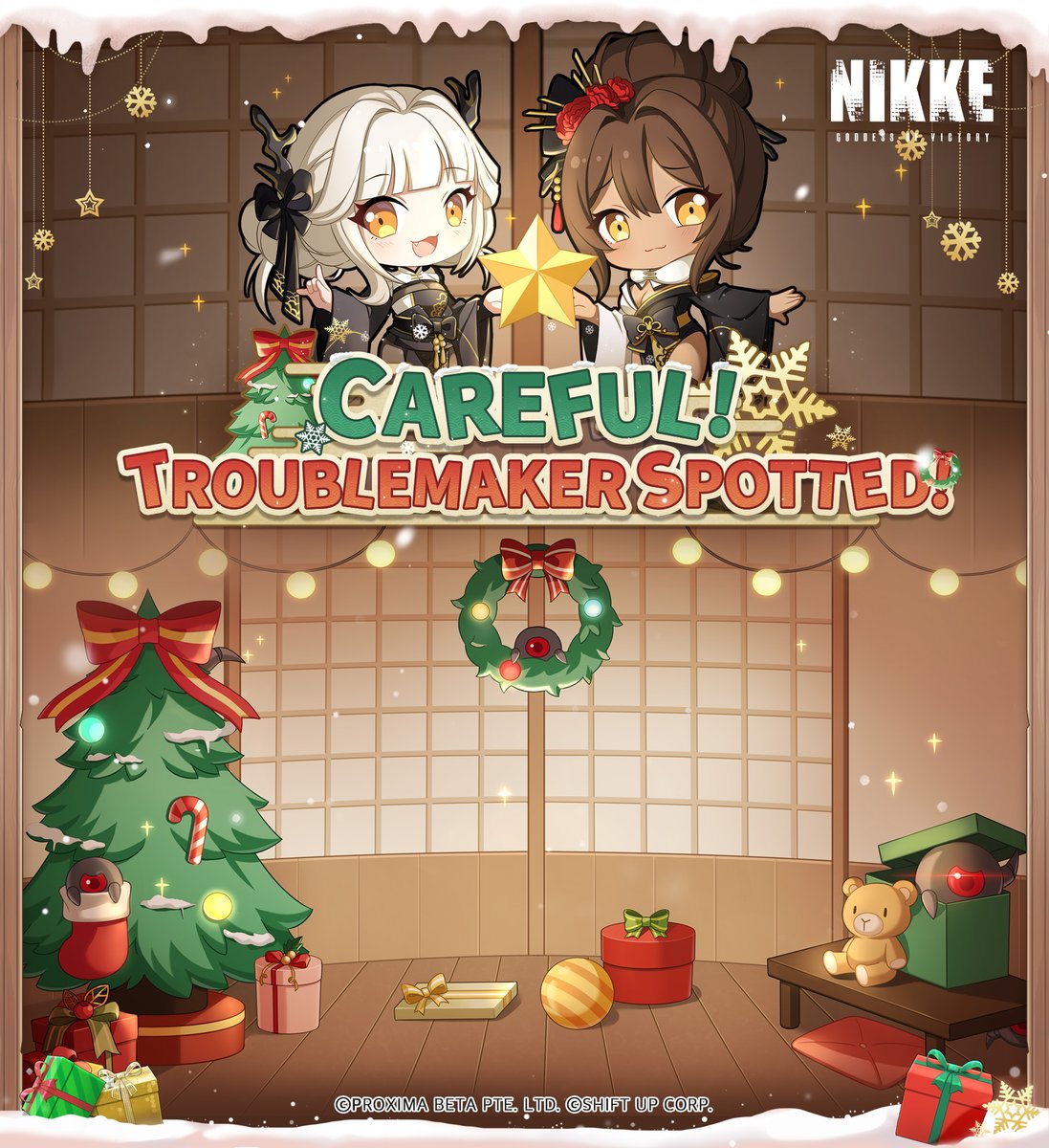 NIKKE_en's tweet photo. 【Careful! Troublemaker Spotted!】

Christmas event Part 2! 🎄

The Raptures have sneaked into the Christmas party! ⚠️

Help Noir and Blanc hunt down the lurking Raptures! 5 lucky winners will stand to win Noir and Blanc Acrylic stand sets!

#NIKKE
#NIKKERaptureHunt
#Contest https://t.co/NgBc8wDYB2
