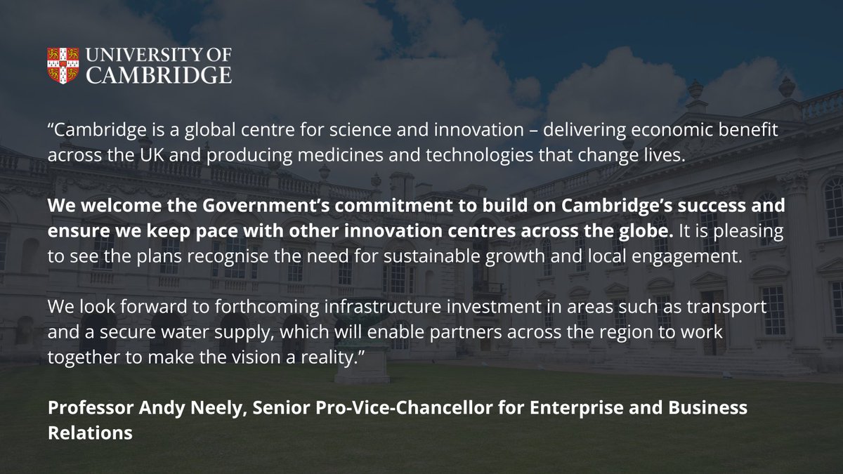 'We welcome the Government’s commitment to build on Cambridge’s success and ensure we keep pace with other innovation centres across the globe.' Professor @AndyNeely comments on plans for #Cambridge2040 outlined by @luhc Secretary of State @michaelgove on 19 December.