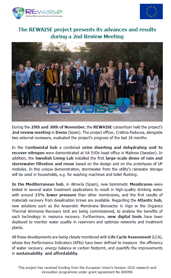 REWAISE_EU's tweet photo. 🎉 We are happy to share our brand new #pressrelease ! 📄

After the visit of our project officer, Cristina Paducea from @EU_Commission (REA) and 2 external reviewers in Denia (Spain) for our 2nd Review Meeting, we share all the progress of #REWAISE in the last months 💦 ⚙ https://t.co/zGtpYq5wBf