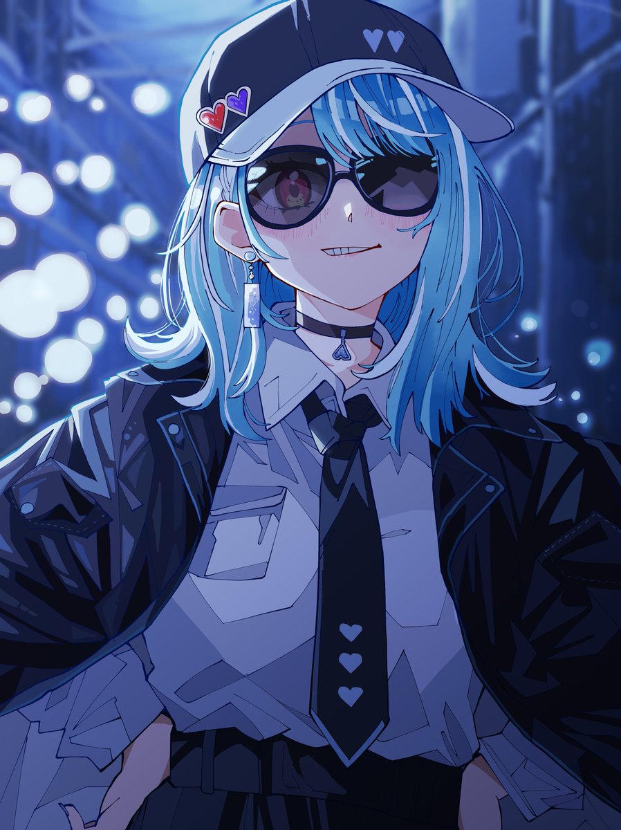 1girl sunglasses necktie solo hat choker blue hair  illustration images