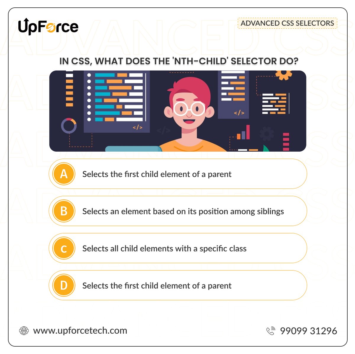UpforceT60125's tweet image. 🧠✨ CSS Quiz Alert! 🌈 Test your knowledge:
What's the role of the 'nth-child' selector in CSS? 🤔 Comment your answer below (a, b, c, or d) and let's unravel the secrets of advanced CSS selectors together! 🚀💻 #CSSQuiz #CodeChallenge 💬