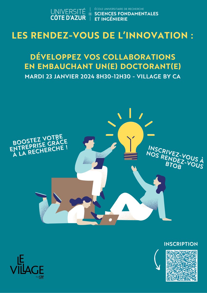 SAVE THE DATE : Les rendez-vous de l'innovation : boostez votre entreprise grâce à la recherche ! 🗓 23/01 📍@LeVillagebyCA Sophia-Antipolis Trouvez l'expertise scientifique nécessaire à votre activité et recruter un doctorant ➡ Inscrivez-vous : bit.ly/4808Q7I