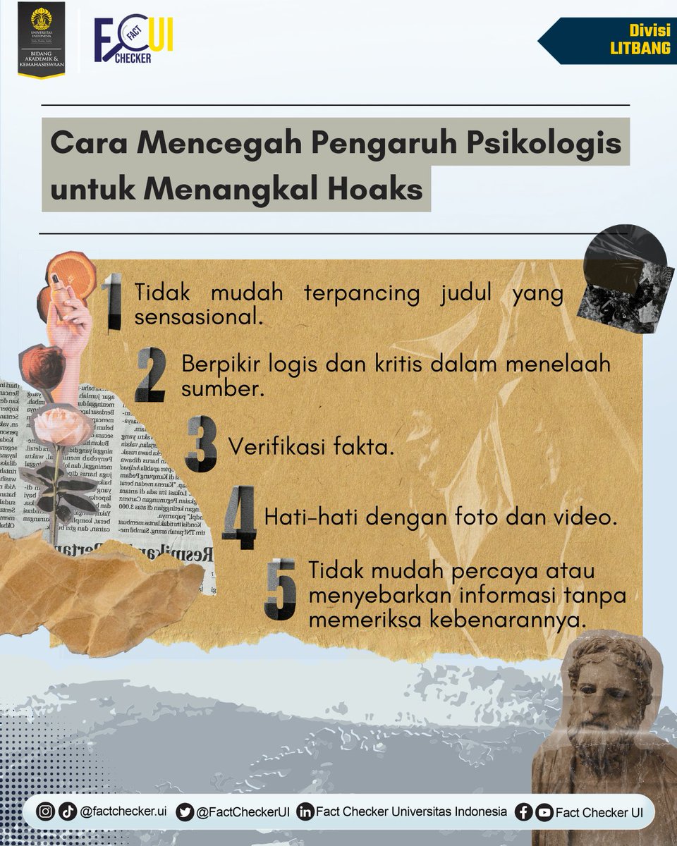 FactCheckerUI's tweet photo. Efek emosional juga dapat menyebabkan persebaran hoaks. Hoaks yang memicu emosi kuat, seperti kemarahan atau ketakutan, dapat membuat orang bertindak gegabah dan tidak rasional. Hal ini dapat menyebabkan konflik dan kekerasan di masyarakat. https://t.co/MJLM3lr2Sm