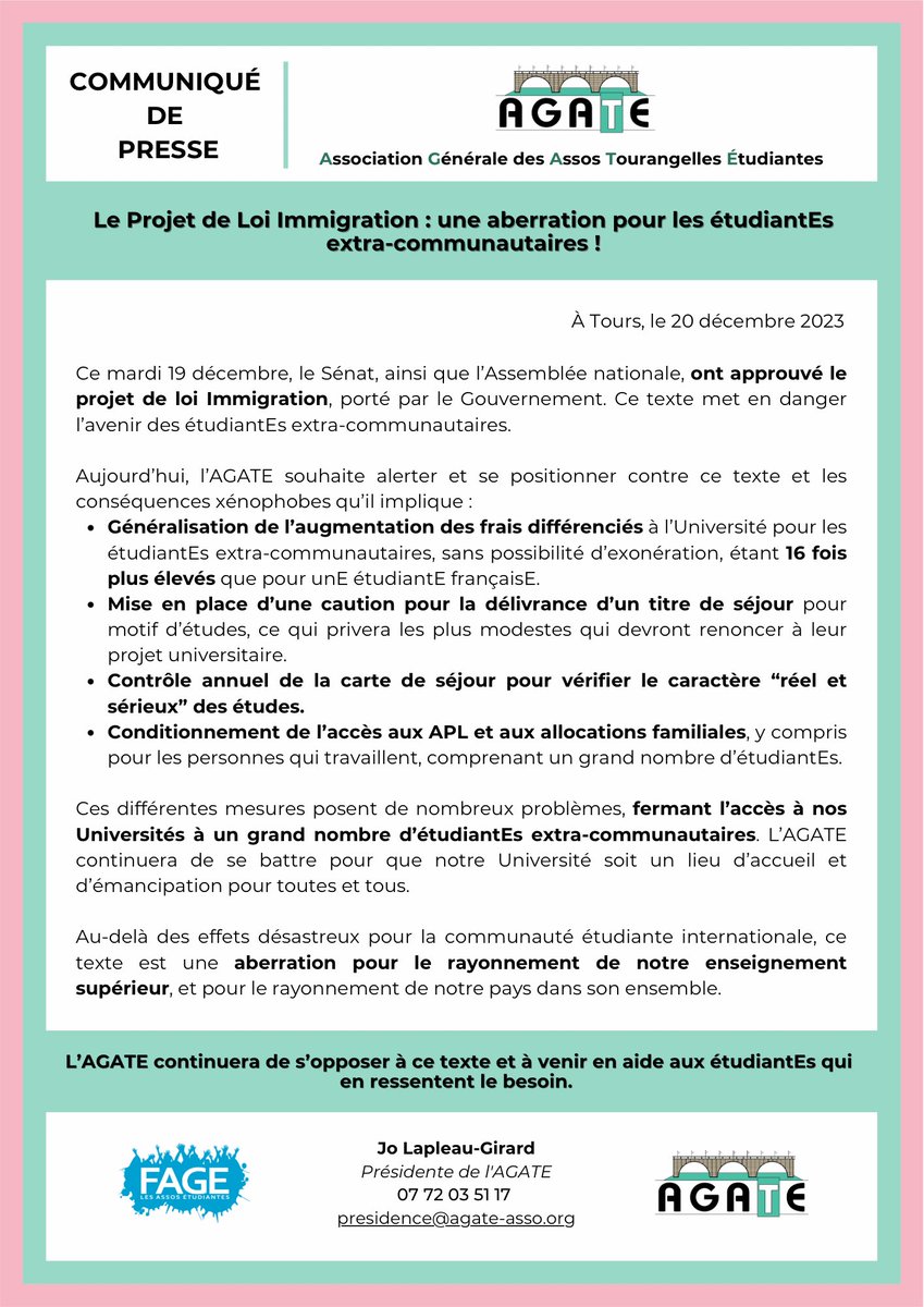 Hier soir, l’Assemblée nationale a voté pour le #PJLimmigration, après le Sénat.

Ce texte xénophobe a été adopté à une large majorité et va à l’encontre des valeurs que nous prônons, excluant par essence un grand nombre d’étudiantEs extra-communautaires de nos Universités.