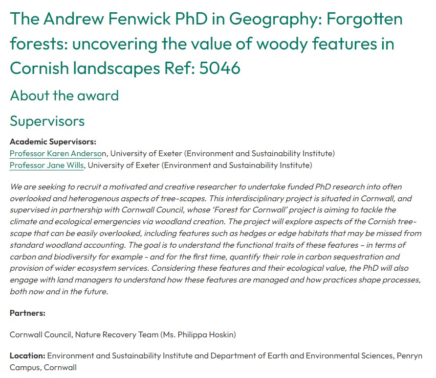 📢Please RT! #PhD #studentship in #Geography at @UniExeCornwall with ESI supervisors @KAnderson_RS and Prof Jane Wills from @UoE_DEES, in collaboration with @CornwallCouncil. Deadline 1st March 2024. 👉 exeter.ac.uk/study/funding/… #ForestforCornwall #CarbonSequestration #ecosystem