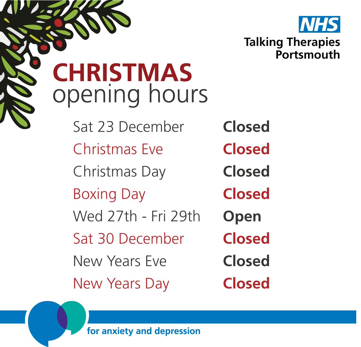 We have amended opening times over the Christmas period. Support is available from specialist services if you need urgent help. You can find information and links to urgent help services on our website: talkingchange.nhs.uk/urgent-help