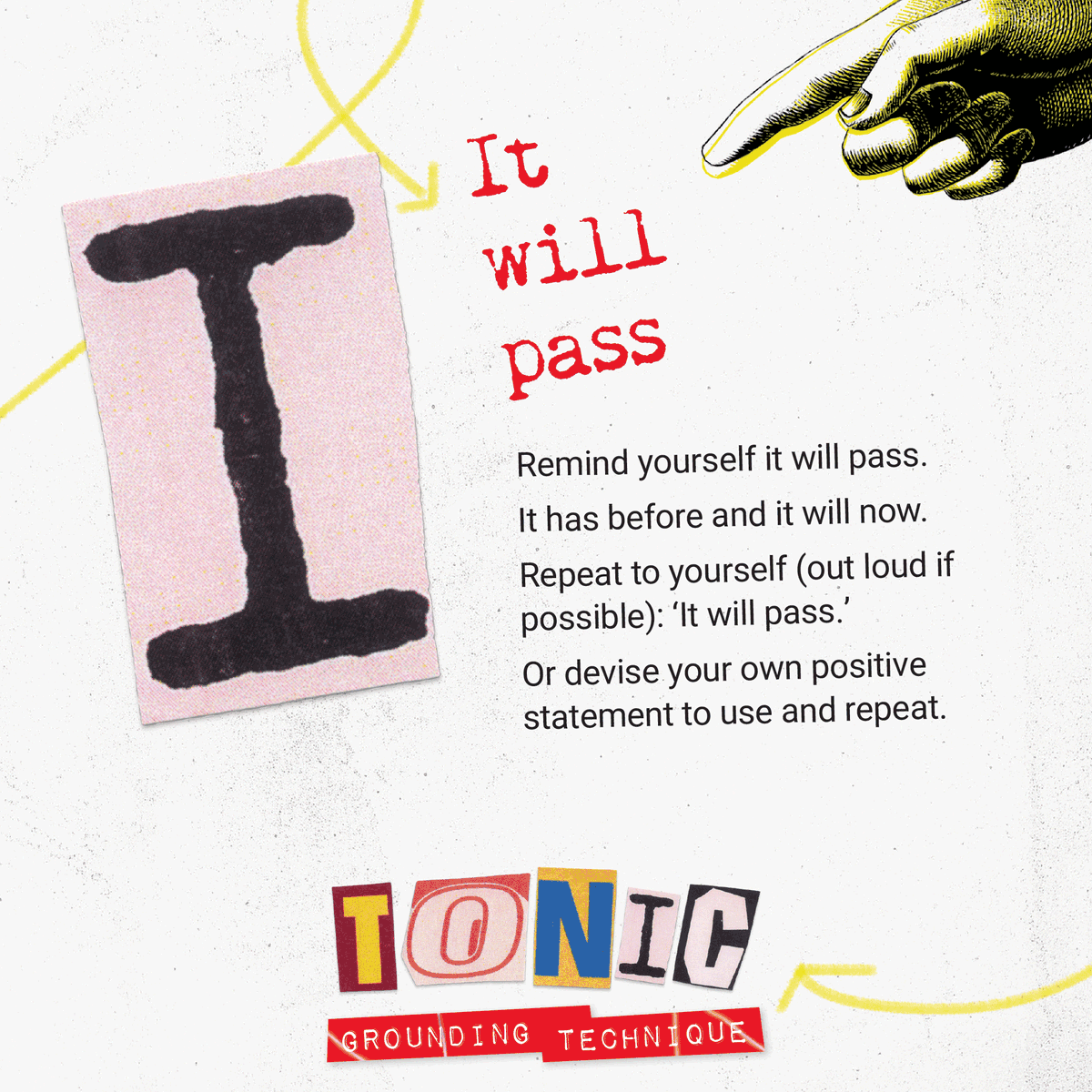 [4/5] - Follow our 5 step T-O-N-I-C acronym if you are feeling out of control. Grounding techniques are something you can do to bring yourself back in touch with the present moment. #MentalHealth #Music #Tonic #Wellbeing #NeverMindTheStigma