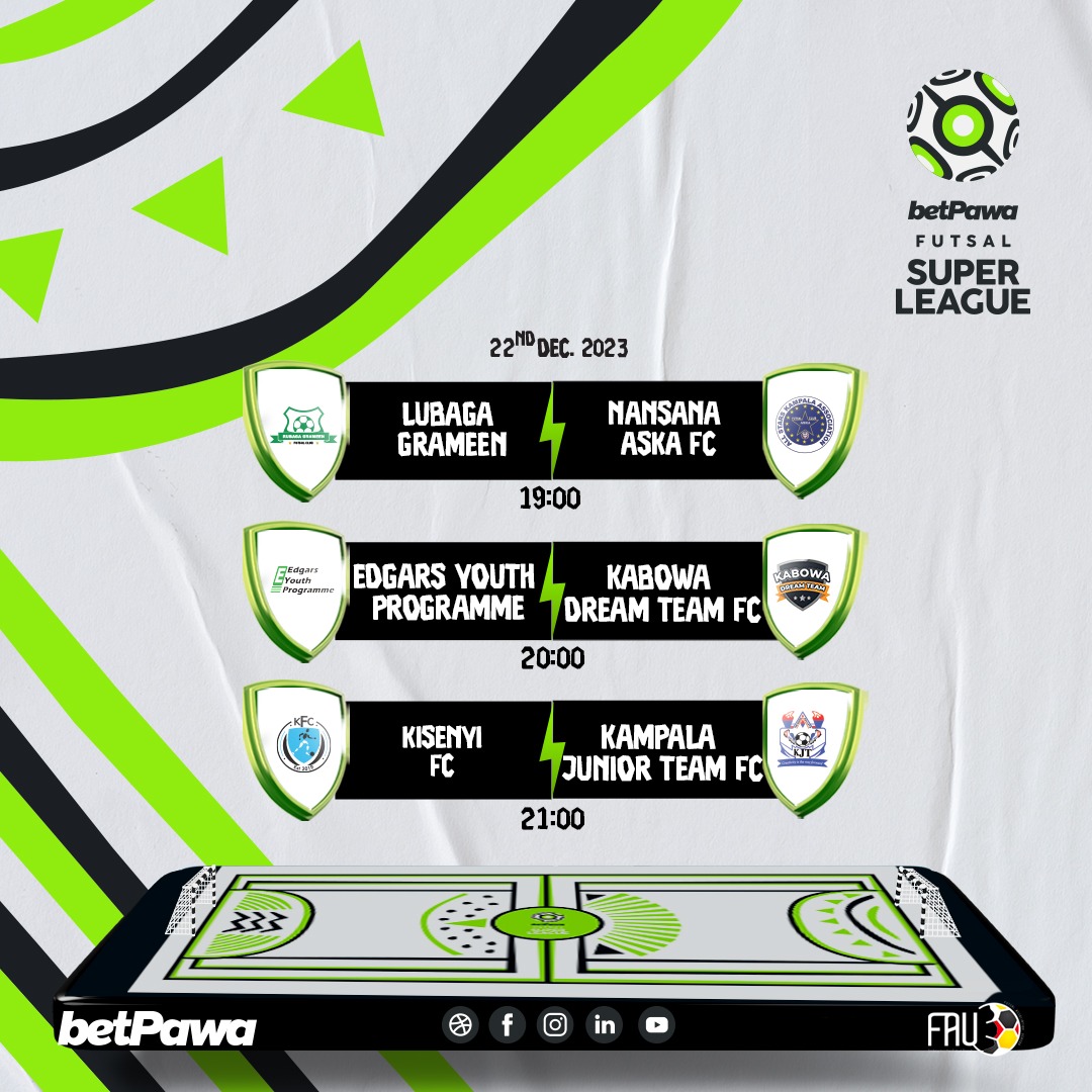 FutsalSuperLg's tweet photo. #betPawaFutsalSuperLeague MATCHDAY 5️⃣ is upon us 👏👏

All these games will be played at Old Kampala Futsal Arena 

#betPawaXFutsal 
#EmbracingTheFutsalTrend https://t.co/Lc9m6v0QuV