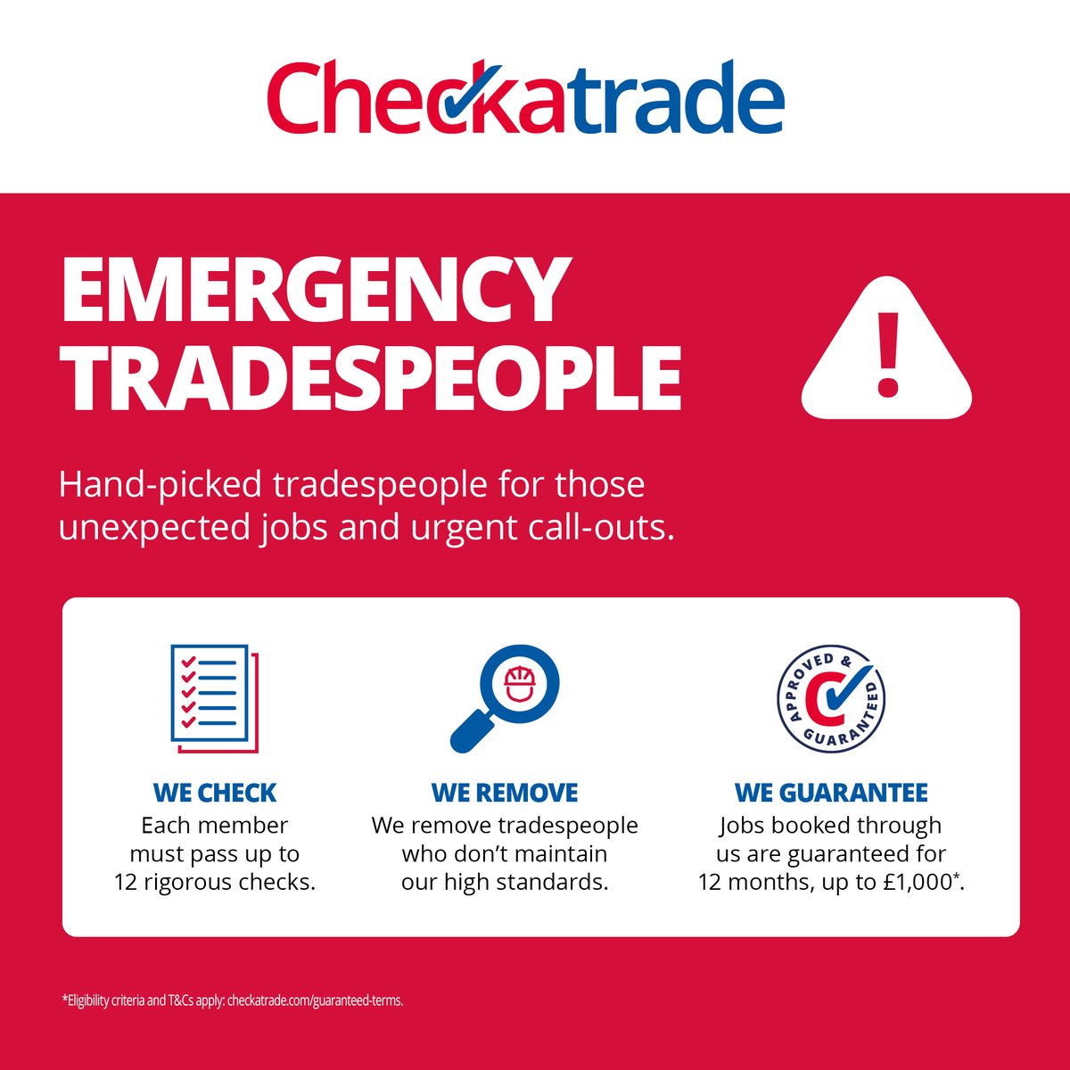 Checkatrade's tweet image. Festive Emergencies? We've Got You Covered!

Emergencies don't take a holiday, so if issues do arise during the festive season, visit checkatrade.com to find a quality tradesperson near you.

#checkatrade

*Guarantee terms &amp;amp; conditions apply:
checkatrade.com/guaranteed-ter…