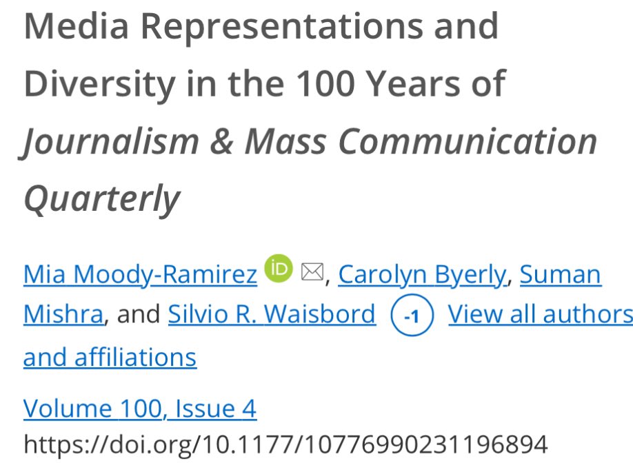 MiaMoodyPhD's tweet image. Excited to receive the news that our article "Media
Representations and Diversity in the 100 Years of Journalism &amp;amp; Mass Communication Quarterly” has been published in Journalism &amp;amp; Mass Communication Quarterly. 
journals.sagepub.com/doi/10.1177/10… 
@jmcquarterly   @MacAejmc 
@aejmc @CSW_AEJMC