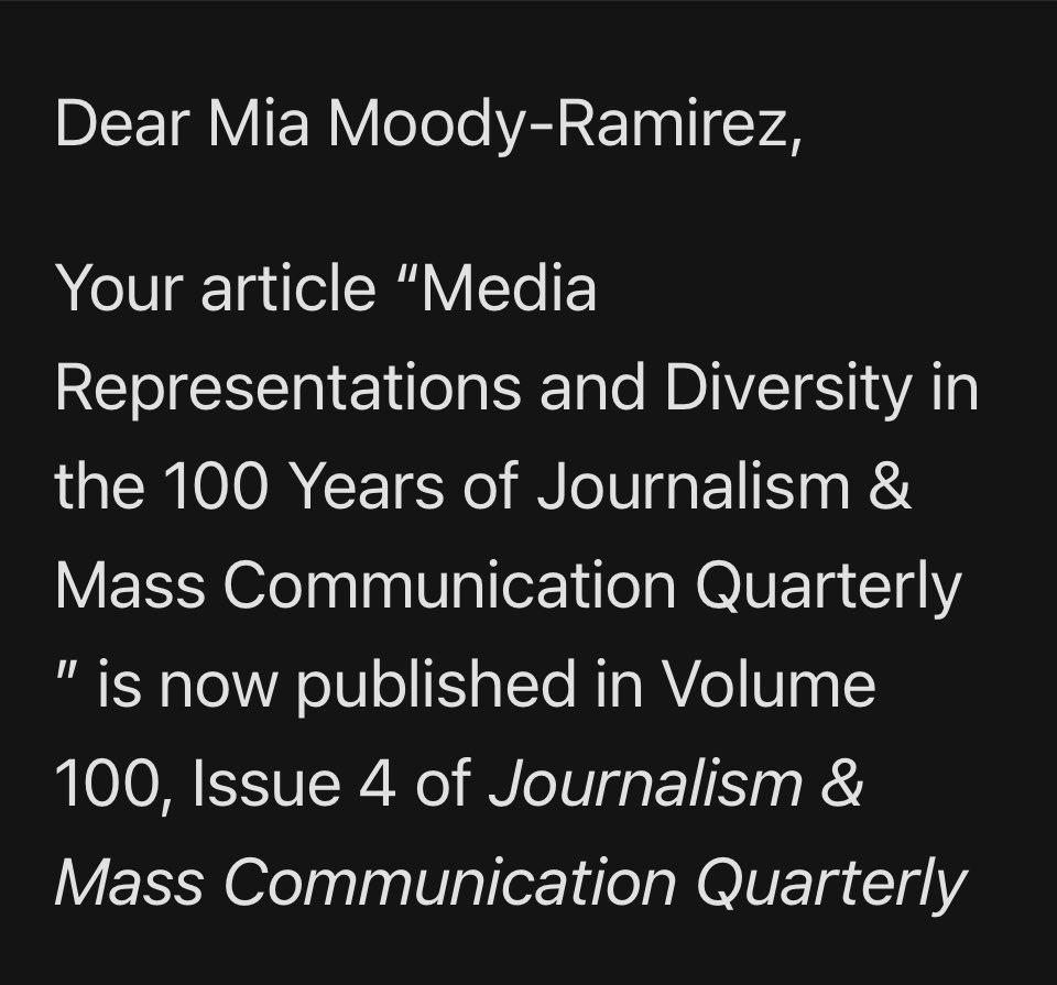 MiaMoodyPhD's tweet image. Excited to receive the news that our article "Media
Representations and Diversity in the 100 Years of Journalism &amp;amp; Mass Communication Quarterly” has been published in Journalism &amp;amp; Mass Communication Quarterly. 
journals.sagepub.com/doi/10.1177/10… 
@jmcquarterly   @MacAejmc 
@aejmc @CSW_AEJMC