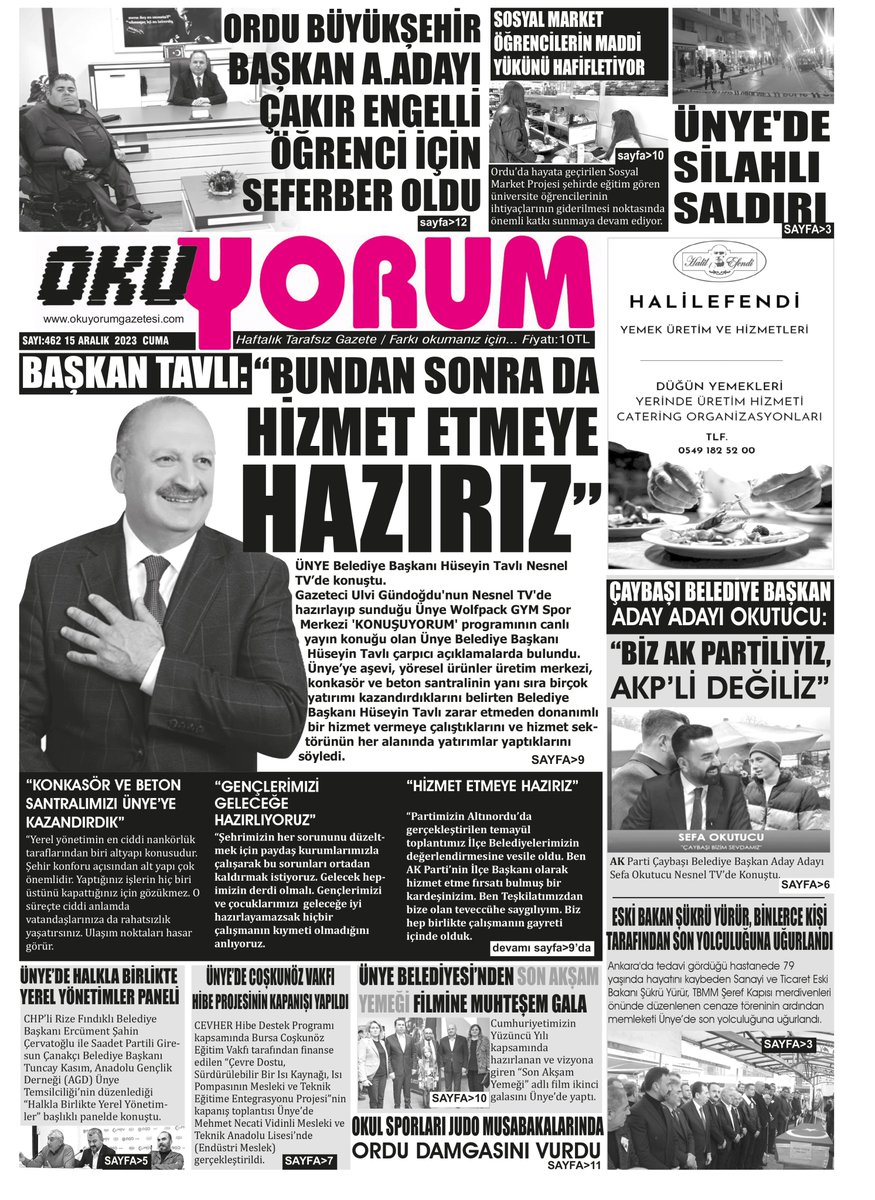 Gazetemizin 15 Aralık Tarihli 462. Sayısının Birinci Sayfası.... 

<a href="/huseyintavli52/">Hüseyin Tavlı 🇹🇷</a> <a href="/UnyeBelediyesi/">Ünye Belediyesi</a> <a href="/OrduBBld/">Ordu Büyükşehir Belediyesi</a> <a href="/CoskunozHolding/">Coşkunöz Holding</a>  <a href="/SefaOkutucu/">Sefa OKUTUCU 🇹🇷</a> <a href="/unyenethaber/">A52TV-ÇAKIR MEDYA</a> #SONDAKIKA #haberler #güncel #akparti #yerel #ünye #yerelsecim