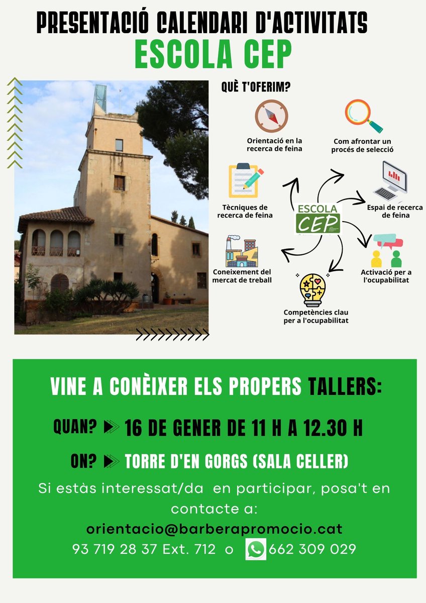 🟢PRESENTACIÓ ACTIVITATS ESCOLA CEP DEL PRIMER TRIMESTRE 2024

📆El dimarts 16 de gener a les 11 h a la Sala Celler de la Torre d'en Gorgs

T'hi apuntes?
📩  orientacio@barberapromocio.cat
☎️ 93 719 29 37 Ext. 712
📲  662 309 029

#escolacep #barberapromoció #bdv #orientacio