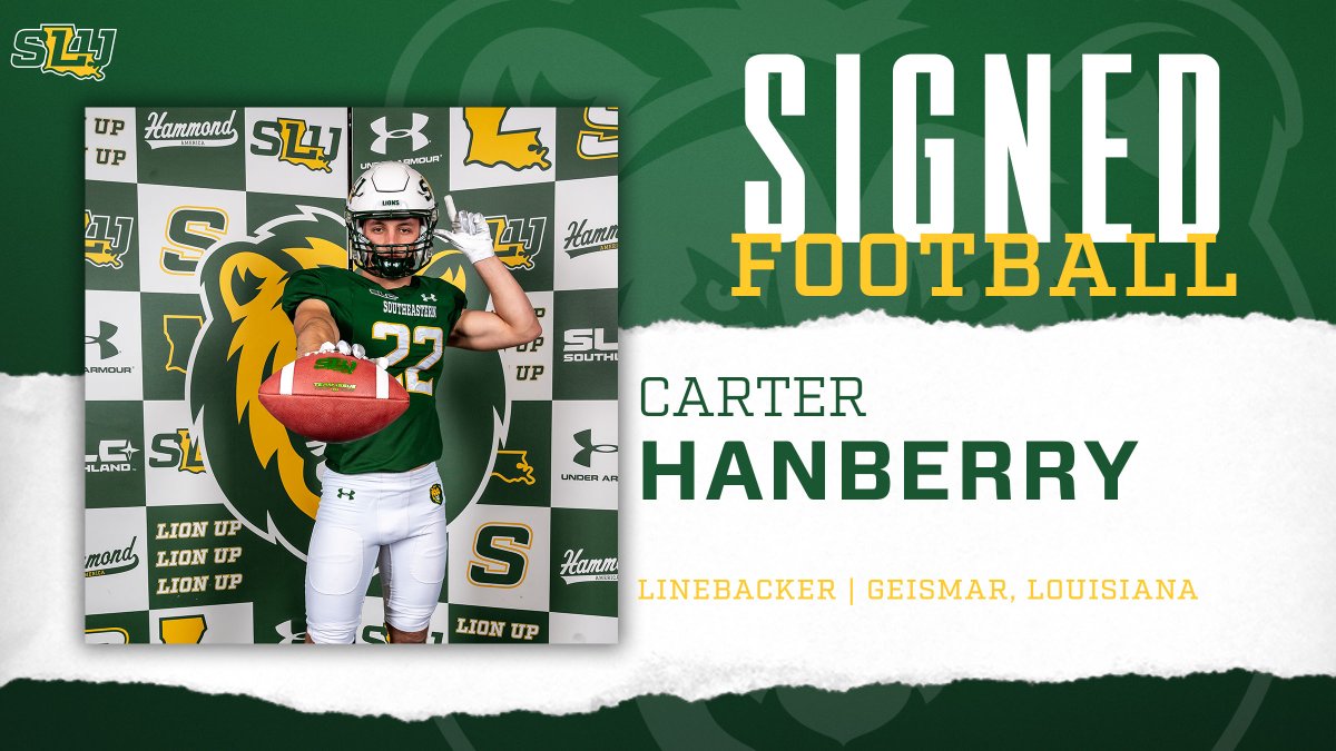 Southeastern Football (@lionupfootball) on Twitter photo Lion Nation, welcome <a href="/CarterHanberry/">Carter Hanberry</a> to Hammond, America!
🏈LB | 6-0 | 200
📍Geismar, La. | Dutchtown HS
🖊️#NSD24 | #LionUp | #WeBelieve Lion Nation, welcome <a href="/CarterHanberry/">Carter Hanberry</a> to Hammond, America!
🏈LB | 6-0 | 200
📍Geismar, La. | Dutchtown HS
🖊️#NSD24 | #LionUp | #WeBelieve