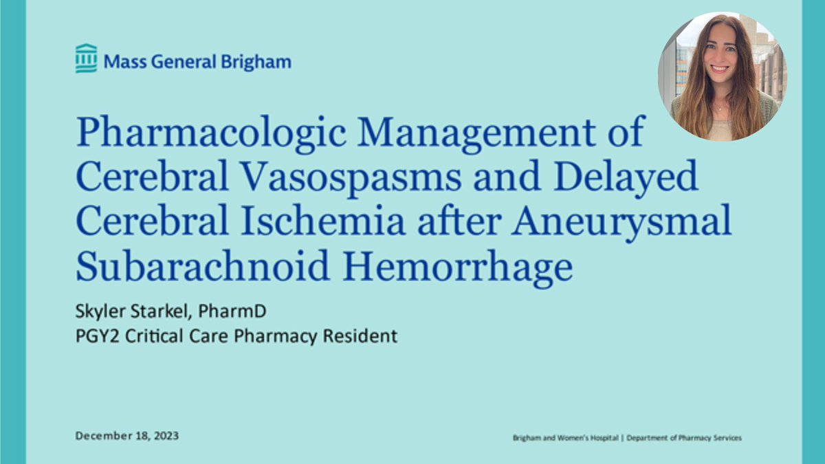 Brigham and Women’s (BWH) Pharmacy Department (@brighampharmacy) on Twitter photo Our PGY2s have been gifting us awesome presentations this holiday season! Yesterday <a href="/skylerstarkel/">Skyler Starkel</a> discussed the pharmacologic management of cerebral vasospasms and DCI s/p aSAH! Thanks Skyler! #TwitteRx #PharmRes Our PGY2s have been gifting us awesome presentations this holiday season! Yesterday <a href="/skylerstarkel/">Skyler Starkel</a> discussed the pharmacologic management of cerebral vasospasms and DCI s/p aSAH! Thanks Skyler! #TwitteRx #PharmRes