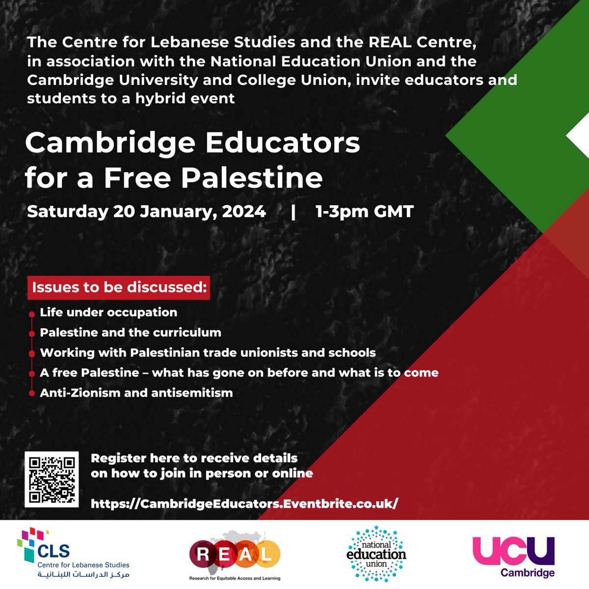 REALCentre Cambridge (@real_centre) on Twitter photo 📢JUST ANNOUNCED!
Cambridge Educators for a Free Palestine
20 January 1pm GMT
In collaboration with <a href="/LebaneseStudies/">Centre for Lebanese Studies</a> <a href="/ucu/">UCU</a> <a href="/NEUnion/">National Education Union</a>
Discussing: Life under occupation, curriculum, working with unions & schools, etc.
Register here to join in person or online:
CambridgeEducators.eventbrite.co.uk 📢JUST ANNOUNCED!
Cambridge Educators for a Free Palestine
20 January 1pm GMT
In collaboration with <a href="/LebaneseStudies/">Centre for Lebanese Studies</a> <a href="/ucu/">UCU</a> <a href="/NEUnion/">National Education Union</a>
Discussing: Life under occupation, curriculum, working with unions & schools, etc.
Register here to join in person or online:
CambridgeEducators.eventbrite.co.uk