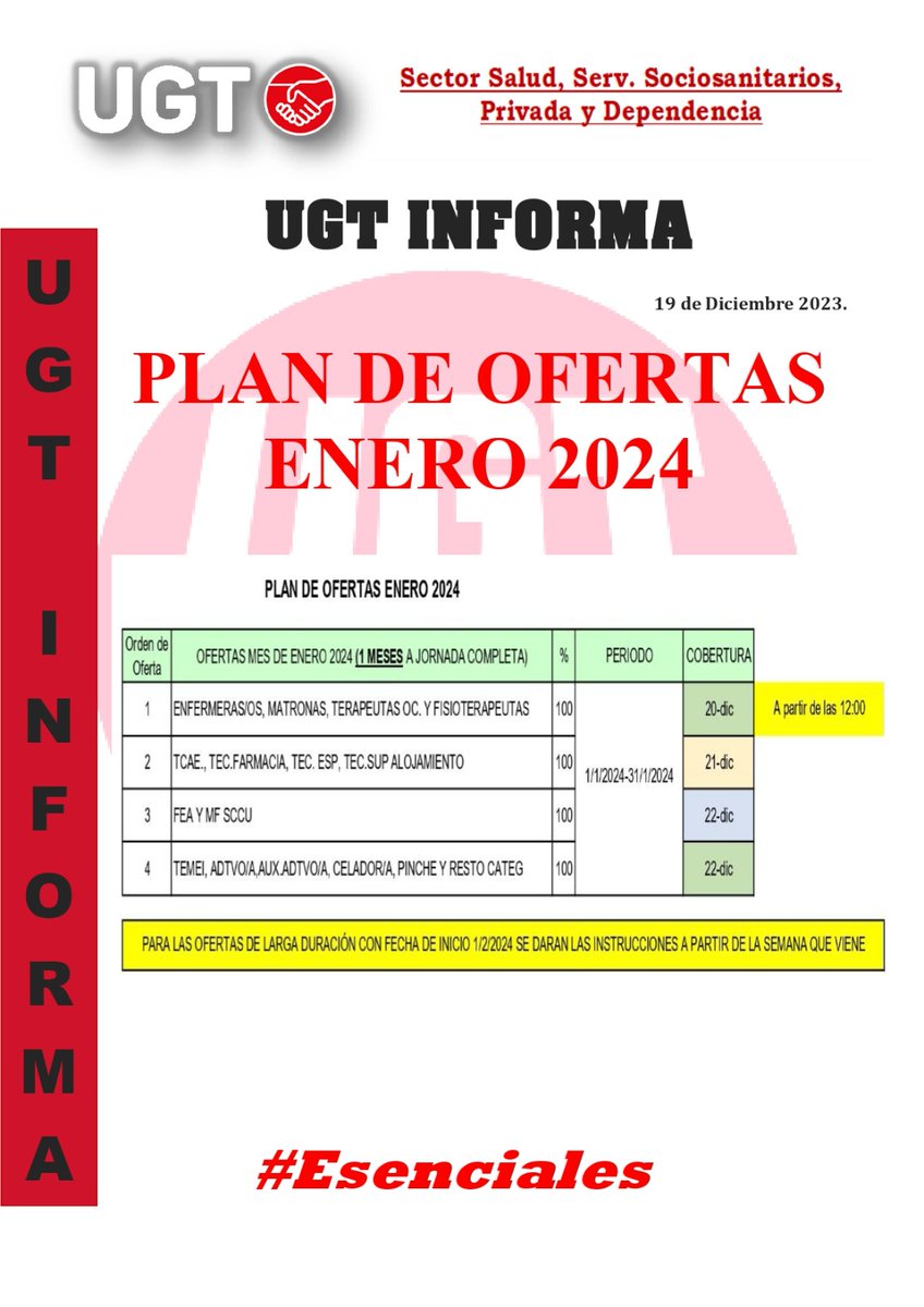 Ugt_A_Sanidad's tweet photo. 🔴🔴 Plan de Ofertas 2024 SAS 🔴🔴
📅 Periodo: 1⃣ al 3⃣1⃣ 2024
@UGT_SPANDALUCIA @UGT_Andalucia @UGT_SP
#ugtsanidadandalucia #plandeofertas #contratación #periodos https://t.co/8Z6XJoThN7
