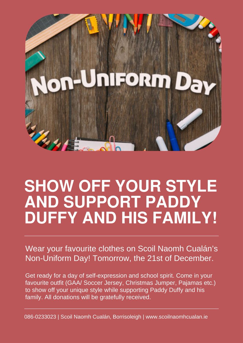🌟 Join us for a great cause! 🤝 SNC Non-Uniform Day tomorrow to support the Duffy family. Let's make a difference together! 💙 Help us raise funds for the Duffy family 👕 Wear your favourite non-uniform outfit! Spread kindness and support, every contribution counts! 💫 #Thankyou