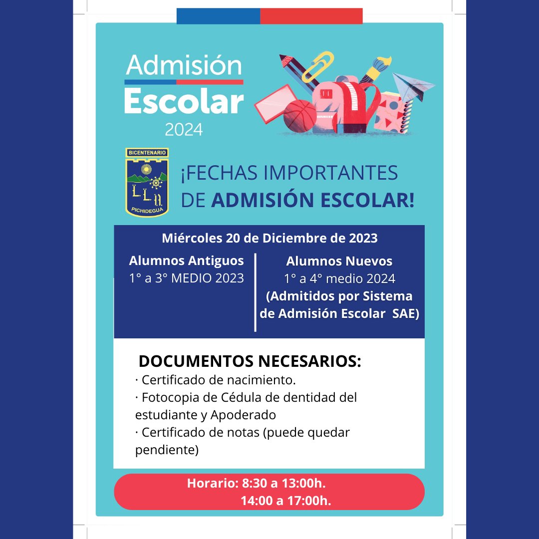 liceolat's tweet photo. ¡ATENCIÓN!
PROCESO DE MATRÍCULA 2024
Los esperamos este 20 de diciembre en nuestro liceo.
De 8:30 a 13:00h. y de 14:00 a 17:00h.
#admisiónescolar2024 #liceolatinoamericano
https://t.co/KrdnZXIktR https://t.co/bdNgLJVED6
