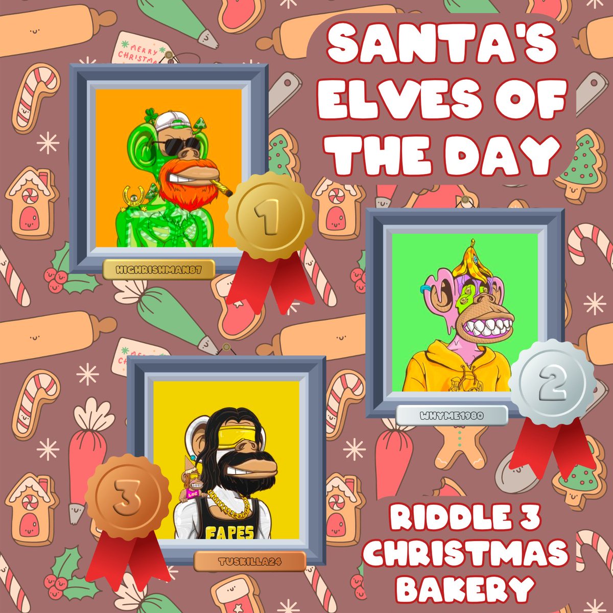 FunsMas's tweet photo. How fortunate!The baking recipe could be completed again 🍪 

Thanks to the talented elves, the Christmas baking is back in full swing 🔥

Especially to our master bakers @Highrishman87 @WhyMe1980 and @Tuskilla24 for quickly finding the missing ingredient 🍰

#FunsMas #FunApesNFT https://t.co/RYXYynFpWj