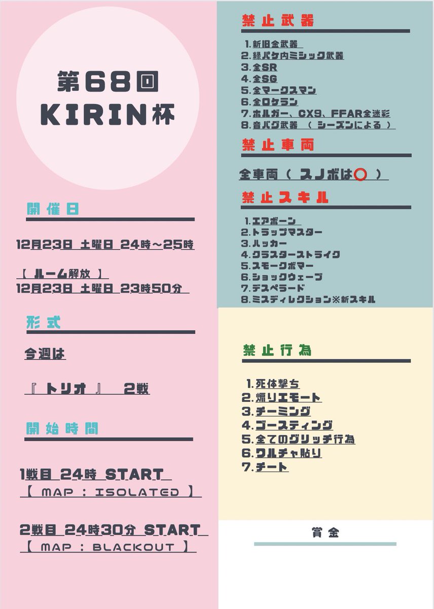 kirin_cup's tweet photo. 【 お知らせ  #拡散希望 】

第68回 #KIRIN杯 開催致します！

今年最後のKIRIN杯開催となりますので
ぜひぜひ
たくさんのご参加お待ちしております☺️

トリオですので

3人分のIGNを、リプにお願いします！

《 *…ᴍᴇʀʀʏ ᴄʜʀɪsᴛᴍ��s…* 》

꙳★*ﾟ.*･ﾟ　.ﾟ･*.🎄.*･ﾟ　.ﾟ･*.꙳★*ﾟ https://t.co/5iU4Jtfpud