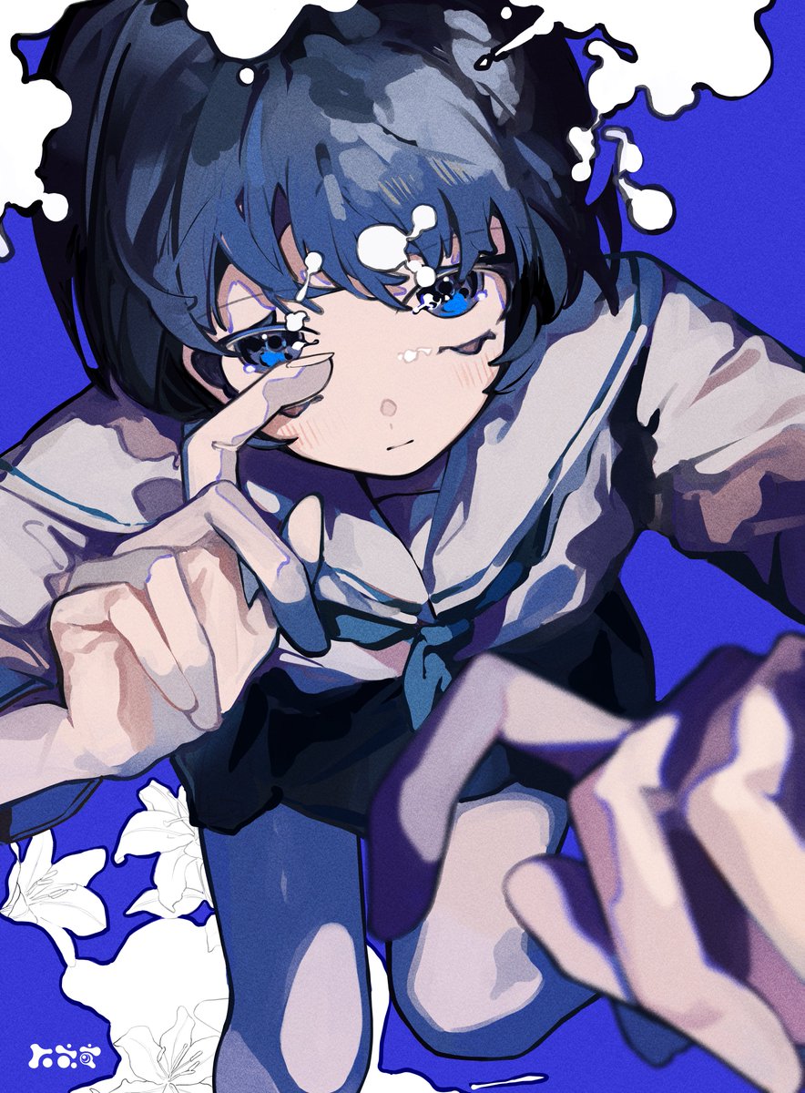 1girl solo blue eyes school uniform short hair blue background serafuku  illustration images