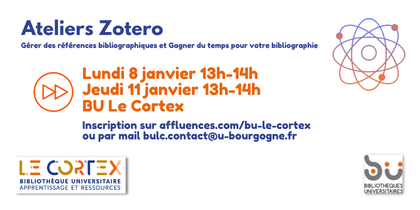bibliothequesub's tweet photo. #FormationsBUuB
À vos agendas ! Ne manquez pas les prochains ateliers Zotero, l'outil qui vous aide à gérer vos bibliographies :
📍 #BULeCortex
📅 Zotero 1 : lundi 8 janvier à 13h 👉 https://t.co/YbejZOJGMd
📅 Zotero 2 : jeudi 11 janvier à 13h 👉 https://t.co/cg30FlHLA9 https://t.co/0Udu9spzJQ