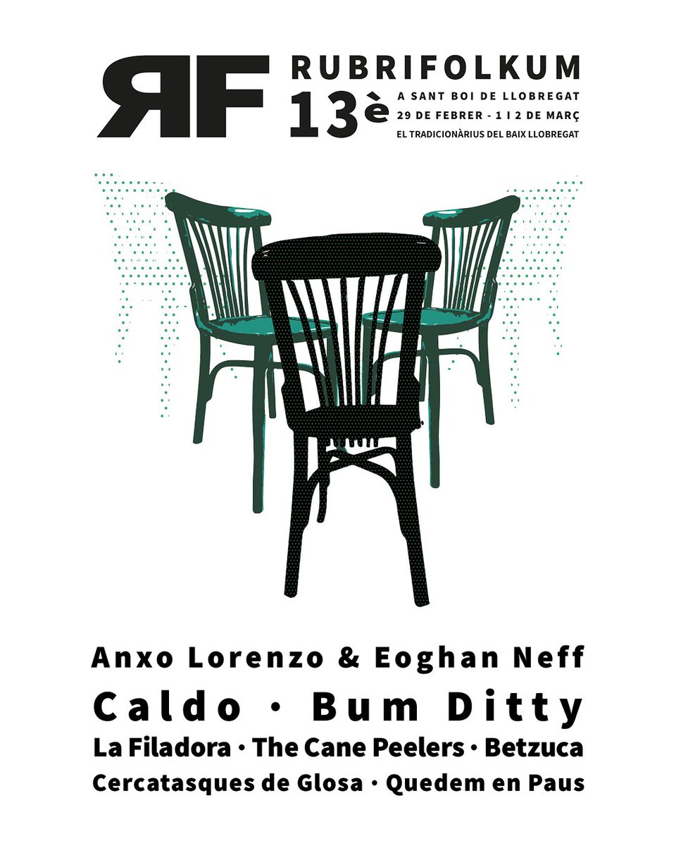🪑QUE NO ET PRENGUIN LA CADIRA, HAS VIST QUIN TROS D’ARTISTES?🪑

Us presentem el cartell d’enguany i donem tret de sortida a la venda d’entrades al nostre perfil d’entradium: entradium.com/es/organizers/…

🔥🎶🎶🔥

Del 29 de febrer, 1 i 2 de març de 2024, 13a edició del Rubrifolkum!