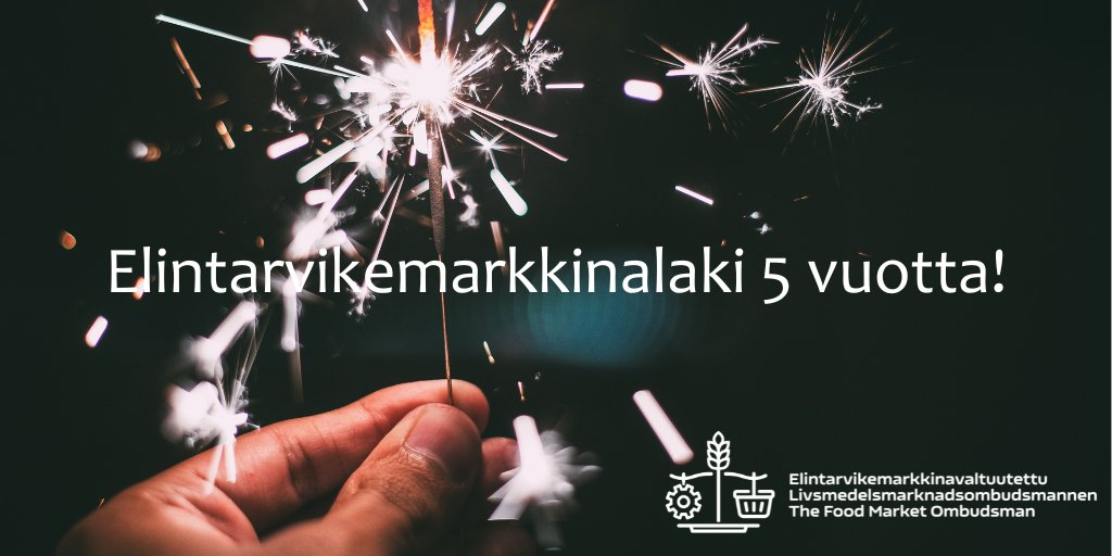 Hyvää uutta vuotta 2024!✨

1.1.2024 on kulunut viisi vuotta elintarvikemarkkinalain voimaan tulosta. Elintarvikemarkkinalain tavoitteena on parantaa elintarvikemarkkinoiden toimivuutta sekä turvata elintarvikeketjun heikommassa asemassa olevien toimijoiden asemaa.
