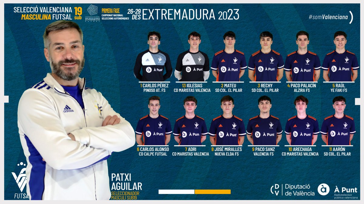 SELECCIÓ |

📝 CONVOCATORIA OFICIAL: Esta es la Selecció Valenciana masculina sub19 de fútbol sala que disputará el Campeonato de España en Extremadura

🗓 27-29 diciembre
📍 Montijo /Puebla de la Calzada

📎 ffcv.es/wp/blog/2023/1…

#SomValenciana🔹🔸❤️