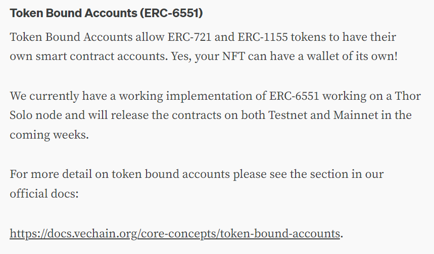solomon_grundle's tweet photo. The latest #vechain tech update is gold.
For example: with token bound accounts, #NFTs gain their own wallets - so much potential for builders:
- NFTs can accrue tokens/value directly
- Gain 'experience' through events/PoPs
- Customisable, with additional NFTs
What else? $VET https://t.co/CPBVbqrl8u