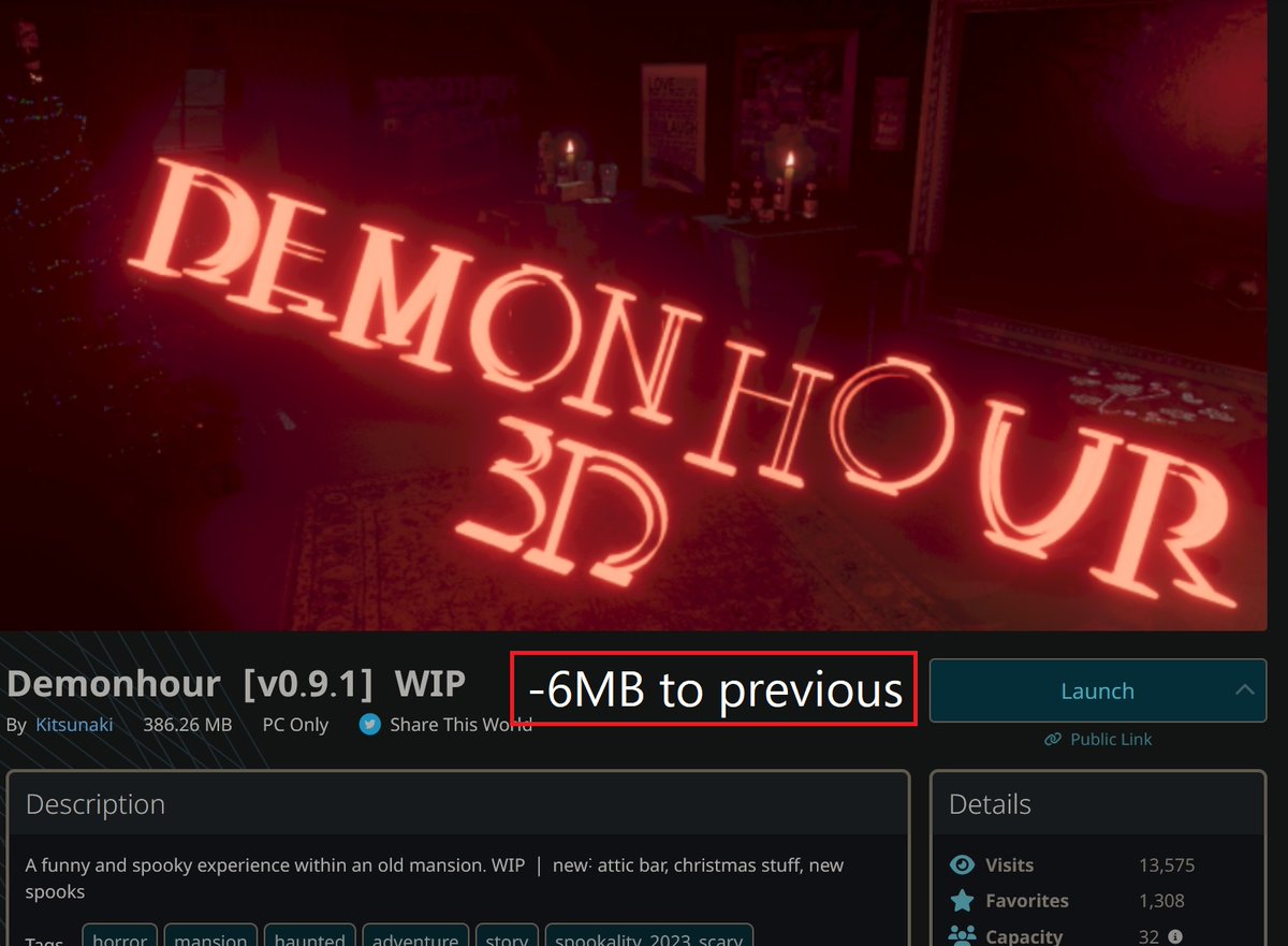 Kitsunaki's tweet photo. Version 0.9.1 brachte ein paar Spukanimationen und neue gruselige Spots rein und wahnsinnig viel Performanz zurück und war dann sogar 6MB kleiner als zuvor. Witzig wie viel man in #Demonhour immer noch optimieren kann, obwohl so viel dazukommt~ https://t.co/UITIXJqMd9