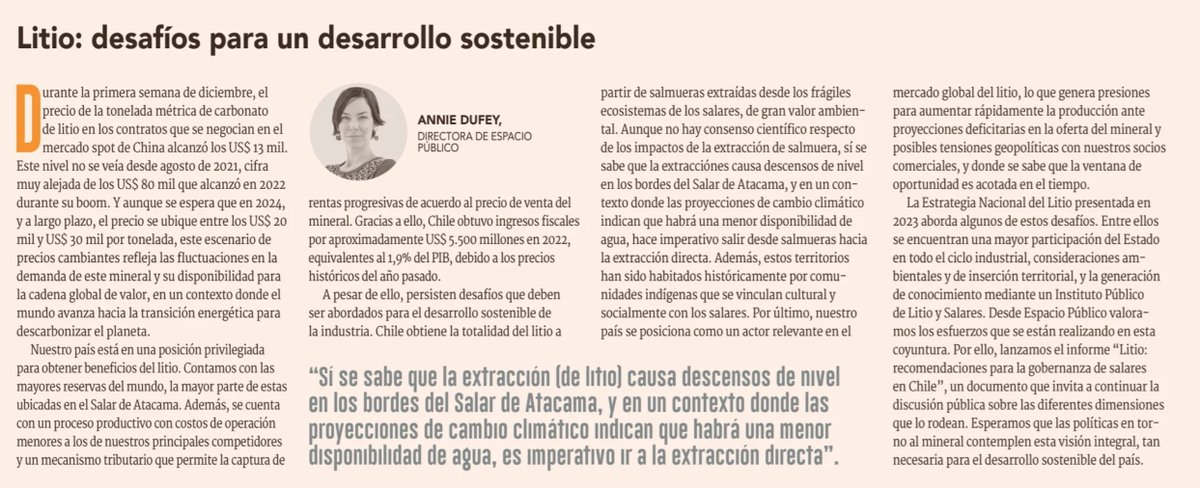🟢 ¿Cómo potenciar la industria del #litio y, a la vez, resguardar la sostenibilidad socio-ambiental? Nuestra directora <a href="/anniedufey/">Annie Dufey</a> aborda los principales desafíos en la materia. Lee su columna en el <a href="/DFinanciero/">Diario Financiero</a> 👇🏽