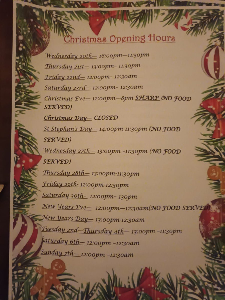 It's the season our Christmas opening hours. We look forward to seeing you all throughout the festive season #irelandshighestpub #irishpub #topofcoom