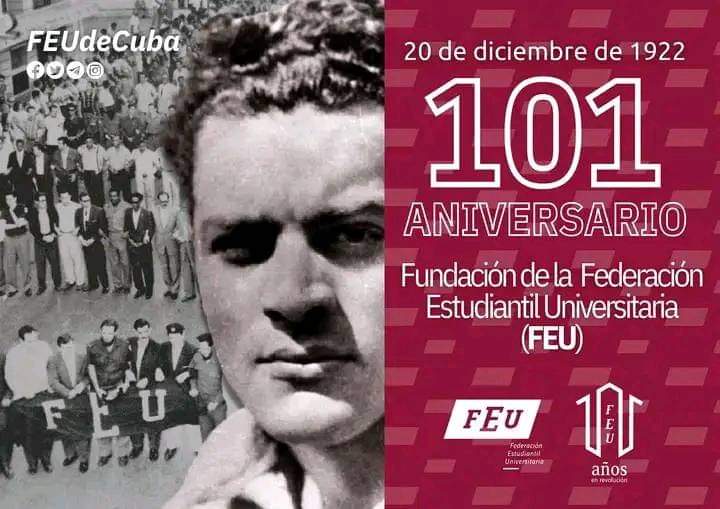 1⃣0⃣1⃣ años cumple la Federación Estudiantil Universitaria #FEU, una organización nacida en tiempo revolucionario, fundada por el joven Julio Antonio Mella. Muchas Felicidades a todos los Miembros de esta Organización. 
#Camagüey
#EducadoresEsmeraldenses
<a href="/CubaMined/">MINED</a>