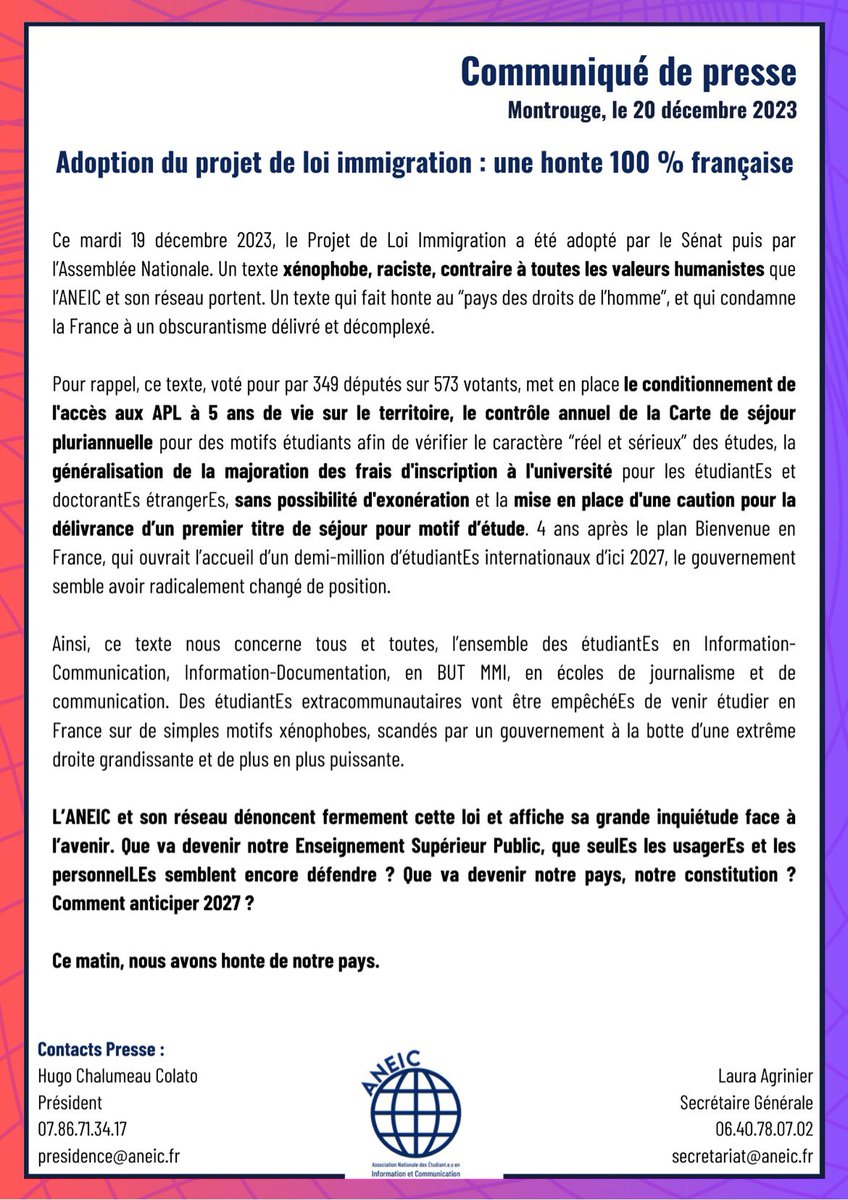 #PJLimmigation 

❌Le texte voté hier va à l’encontre total des valeurs partagés par l’ANEIC et son réseau.

🏫Nous condamnons les mesures adoptées et militerons toujours pour une Université Publique ouverte à tous et à toutes, et humaniste.