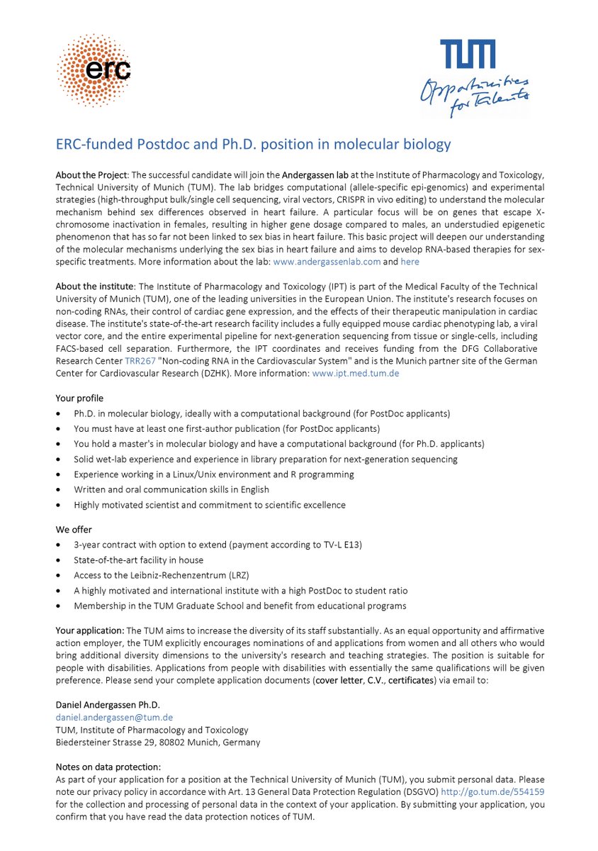 <a href="/ERC_Research/">European Research Council (ERC)</a> - funded postdoc and Ph.D. position <a href="/TU_Muenchen/">TU München</a>, aiming to dissect the molecular mechanism behind sex differences observed in heart failure, with the ultimate goal of developing RNA-based therapies for sex-specific treatments.🫀♂️♀️💊
Please retweet!