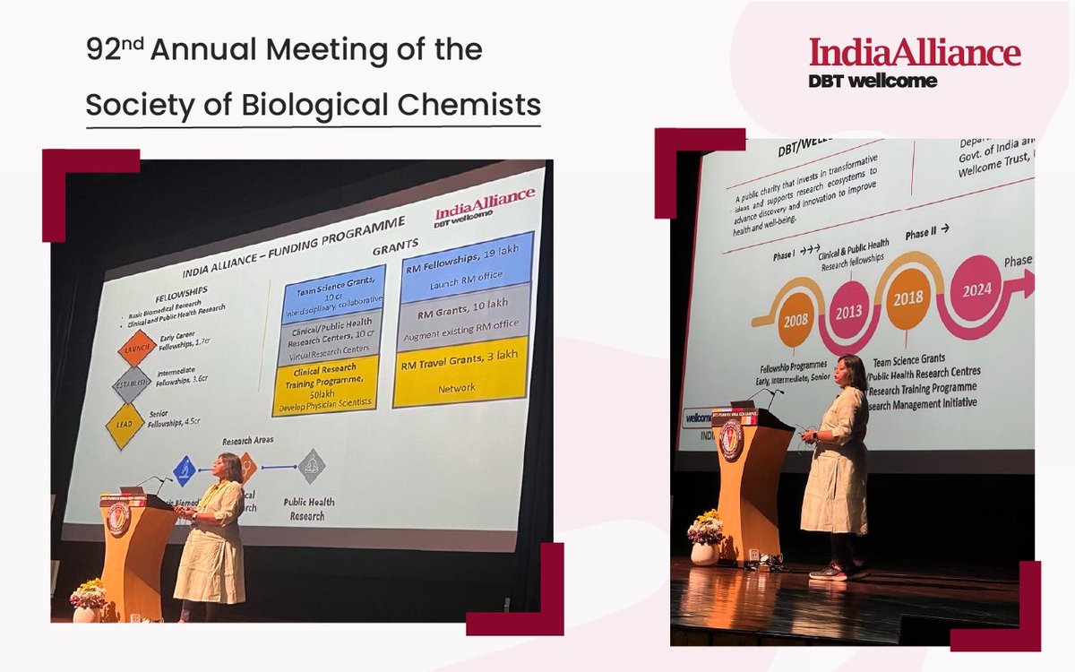 #IndiaAlliance program is presented to the audience of #SBCI An interactive session on ‘Opportunities available from India Alliance' by Dr Dipanwita Sengupta, Grants Manager, DBT/Wellcome Trust India Alliance at 92nd Annual Meeting of the Society of Biological Chemists #sbc23