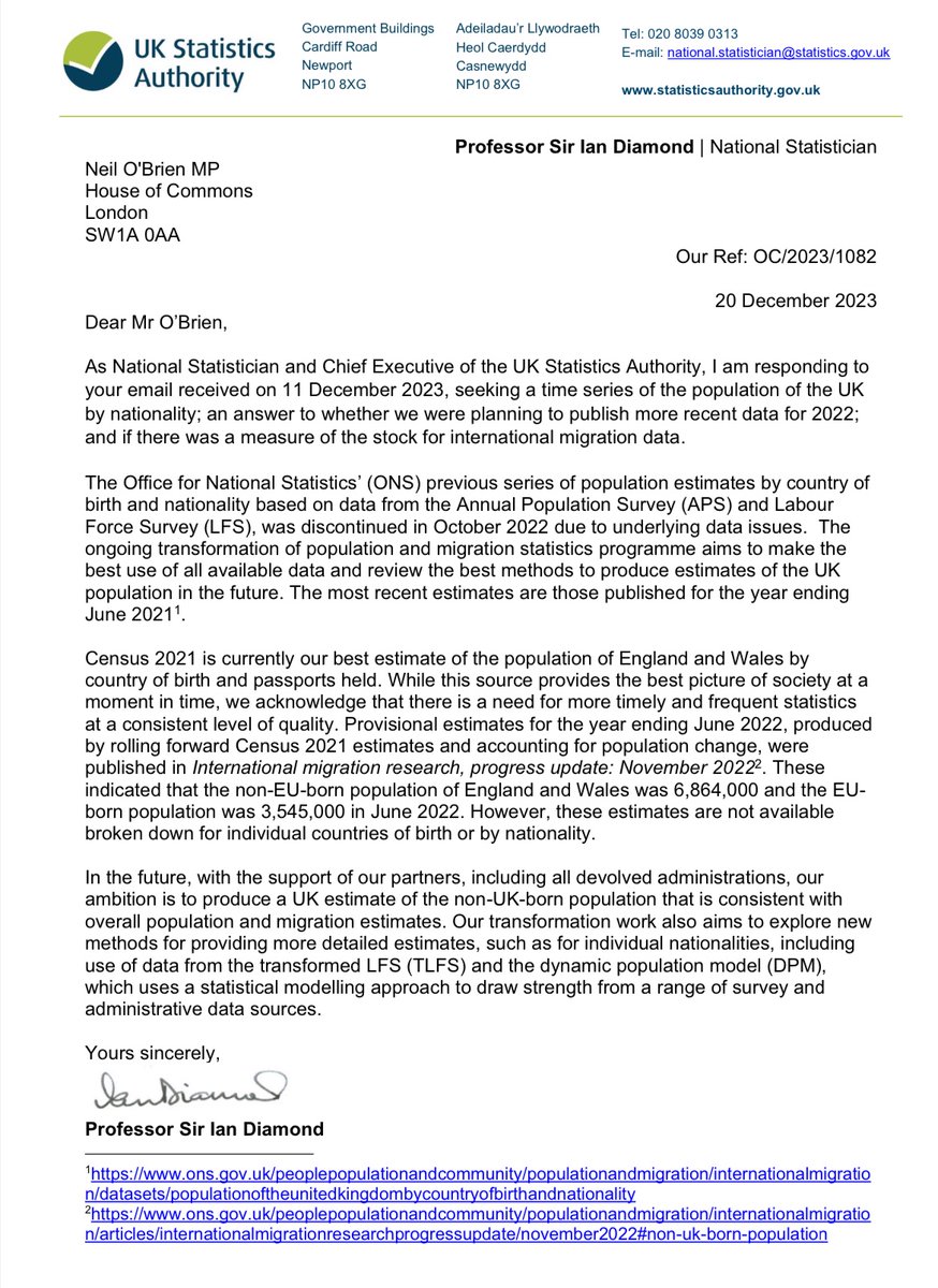 To form a sensible selective immigration policy we need much better data & to start linking datasets. At present we don't even have the basics. The letter I got today reveals we don't even know how many people of each nationality are in the country in 2023. We've got to do better