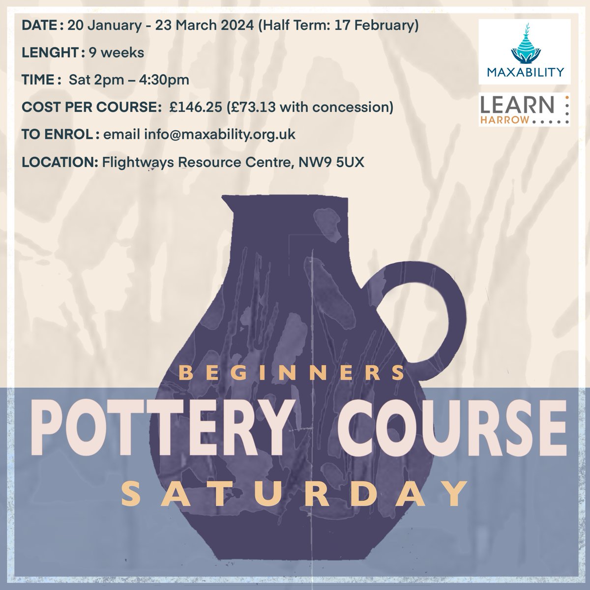 SuzanneSmedley5's tweet image. @maxability_uk Come and learn how to make pottery with Maxability at our ceramics studio near Colindale, NW9 5UX. Course starting 20 January 2024. Email info@maxability.org.uk or call us on 07593 258162

#ceramicsclasses #potterystudio #ceramicslondon