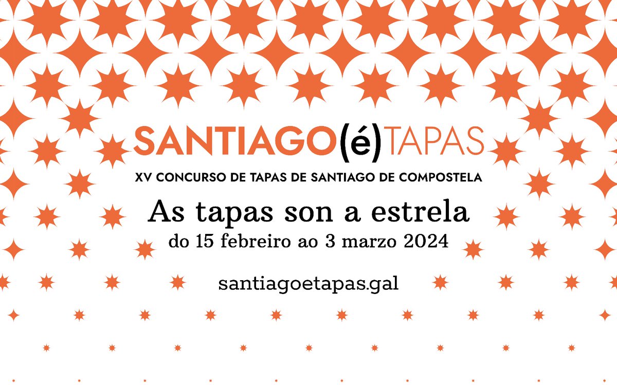 🌟 As Tapas son a estrela! 🧾 Vai preparando o Tapasporte...
<a href="/Santiagoetapas/">Santiago(é)tapas</a> cambia de data pero non de filosofía: amosar que Compostela é capital gastronómica.
🖋️📗 Apunta: do 15 de febreiro ao 3 de marzo.